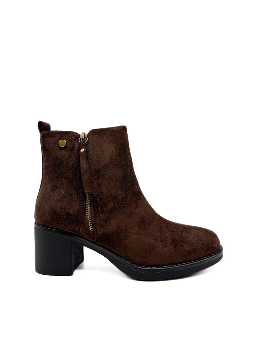 Botines de Ante con Tacón Ancho y Cremallera Decorativa