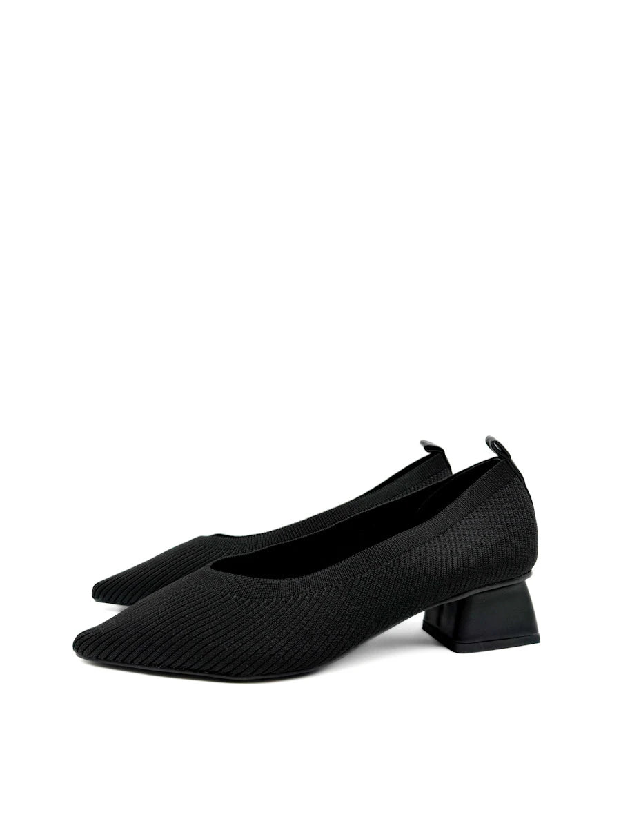Zapatos de Salón en Tejido Elástico Canalé con Tacón Ancho y Puntera Fina