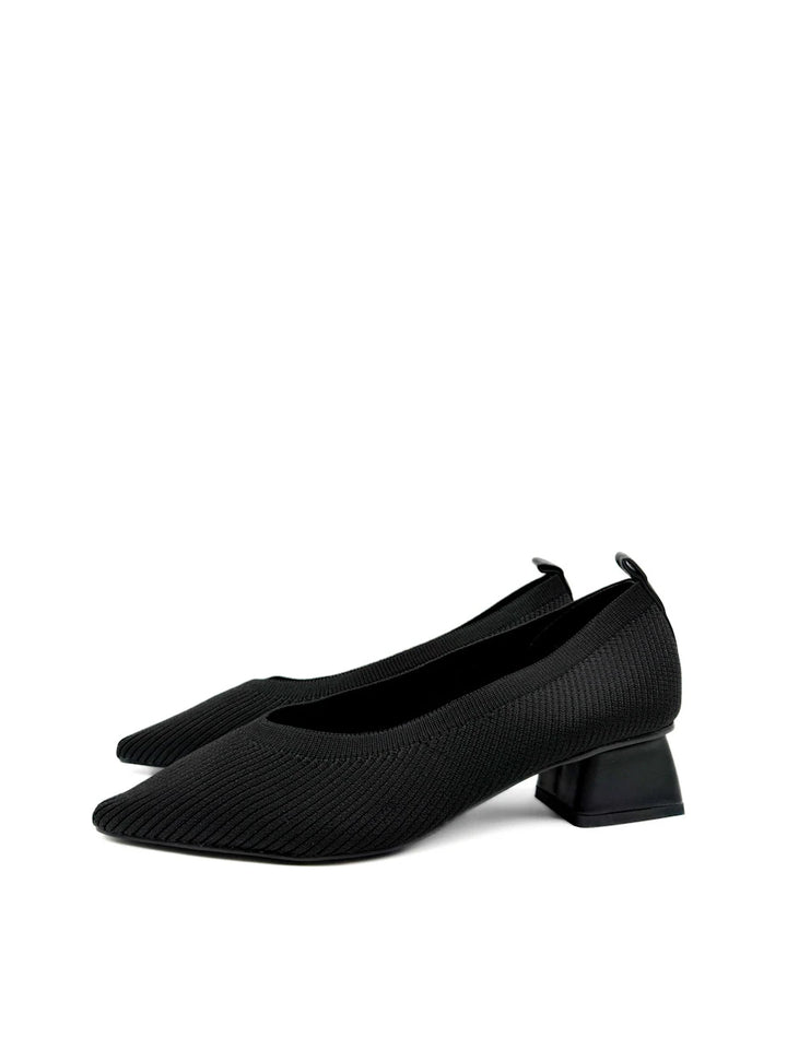 Zapatos de Salón en Tejido Elástico Canalé con Tacón Ancho y Puntera Fina