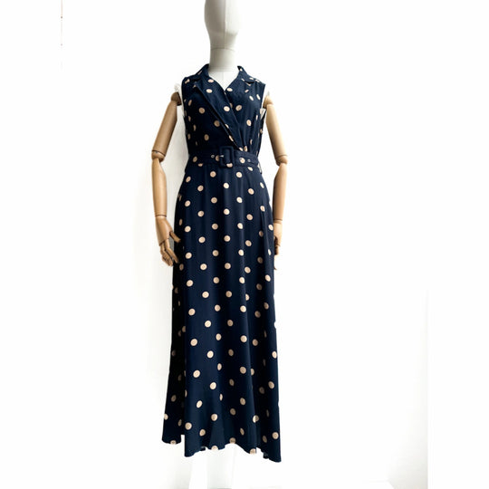 Vestido Largo Azul Marino con Lunares y Cinturón Azul