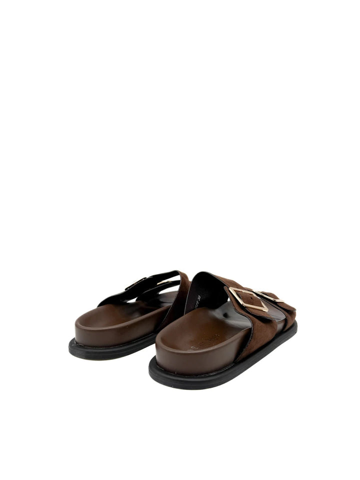 Sandalias de Doble Hebilla Dorada en Antelina Marrón Chocolate - Chanclas de Suela Gruesa Confort para Mujer