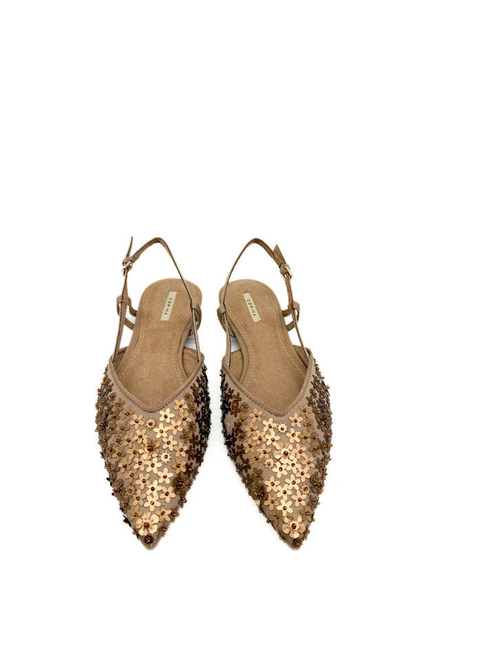 Zapatos destalonados Corina: Punta Fina con Flores y Lentejuelas de Brillo