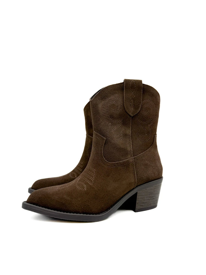Botines Cowboy de Serraje con Bordados y Cremallera