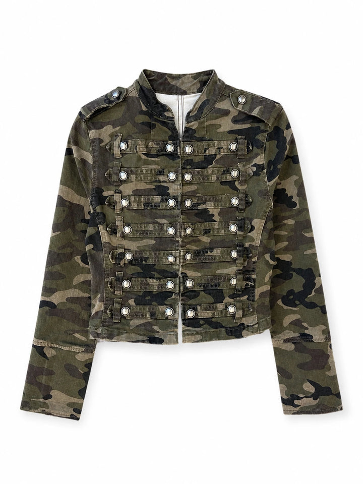 Chaqueta Militar Mujer Camuflaje con Cuello Mao, Manga Larga y Detalles de Hebillas y Botones Metálicos