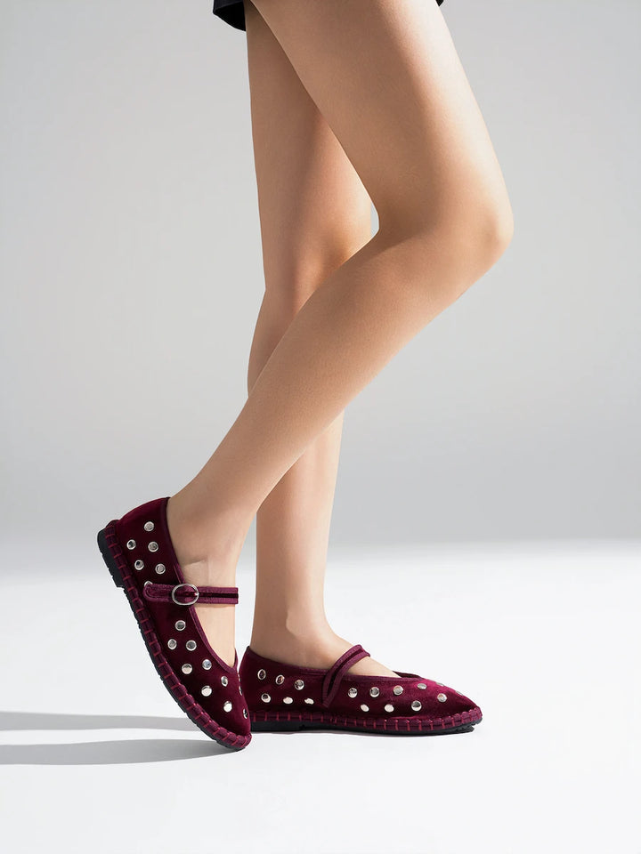 Bailarinas Mary Jane de Terciopelo con Tachuelas y Hebilla