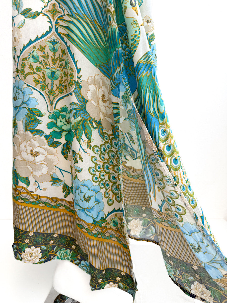 Vestido largo sin mangas con estampado floral y aves