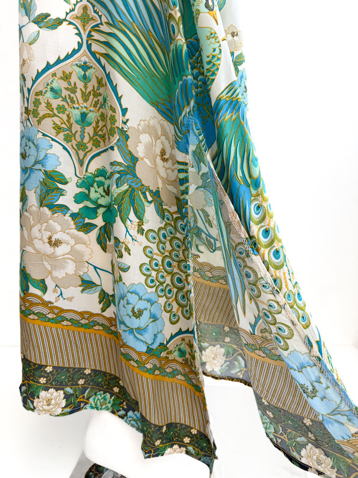Vestido largo sin mangas con estampado floral y aves
