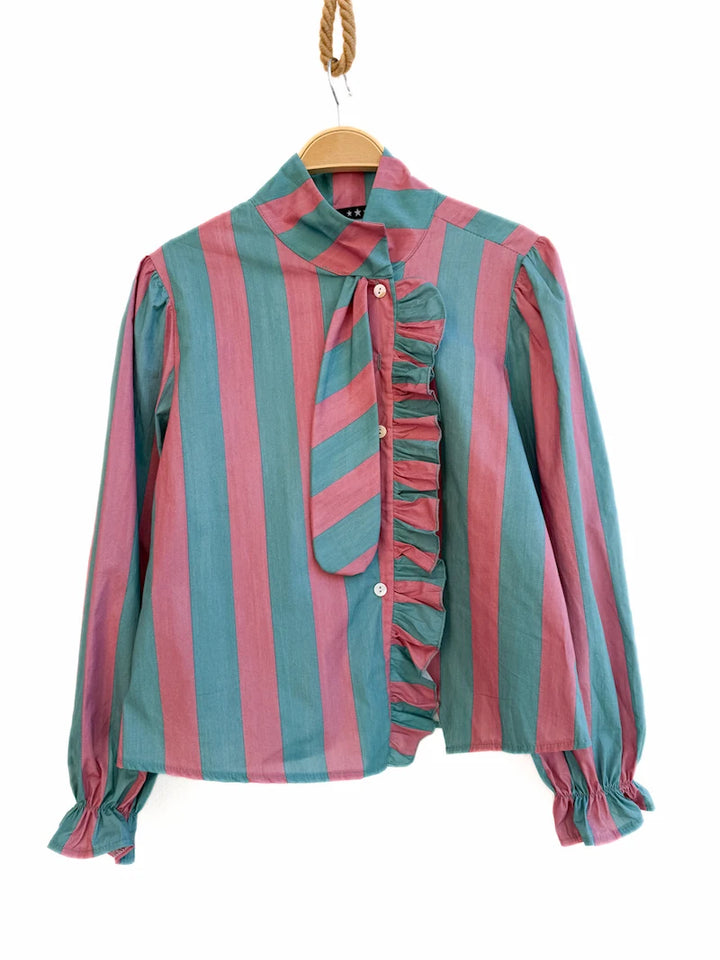 Conjunto Rayas Verde y Rosa - Blusa Volantes y Pantalón Recto