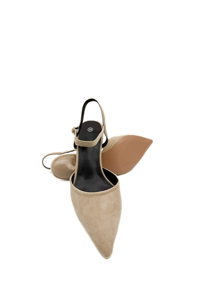 Zapatos destalonados de punta fina con tacón bajo y acabado en antelina