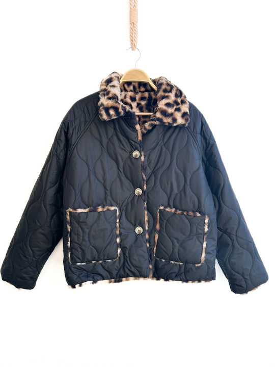Chaqueta Reversible Acolchada con Estampado Animal Negro