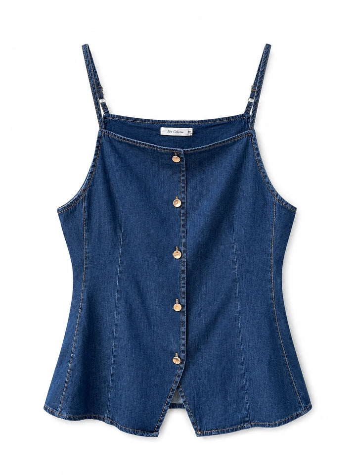 Top Denim de Tirantes Ajustables con Botones Metálicos y Corte Entallado para Mujer