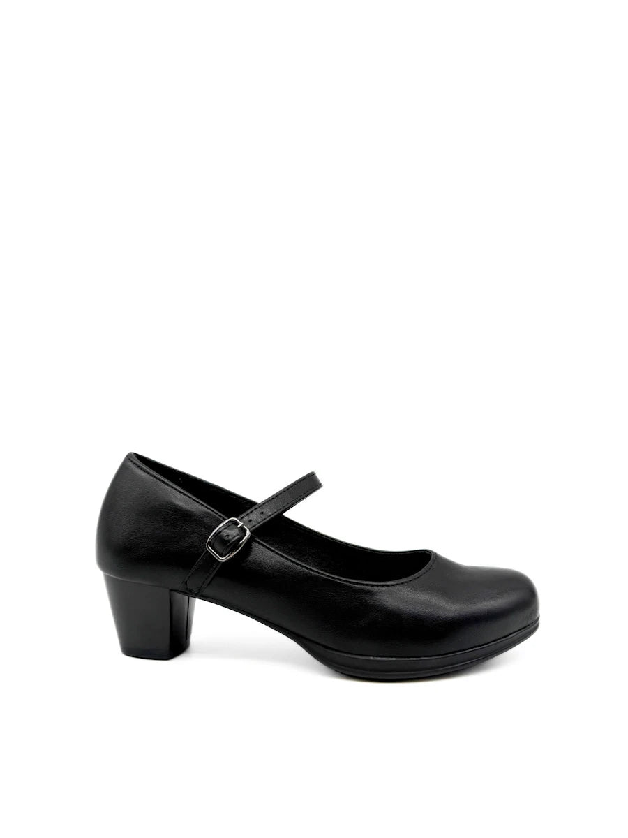 Zapato Mary Jane negro con tacón de bloque y correa.