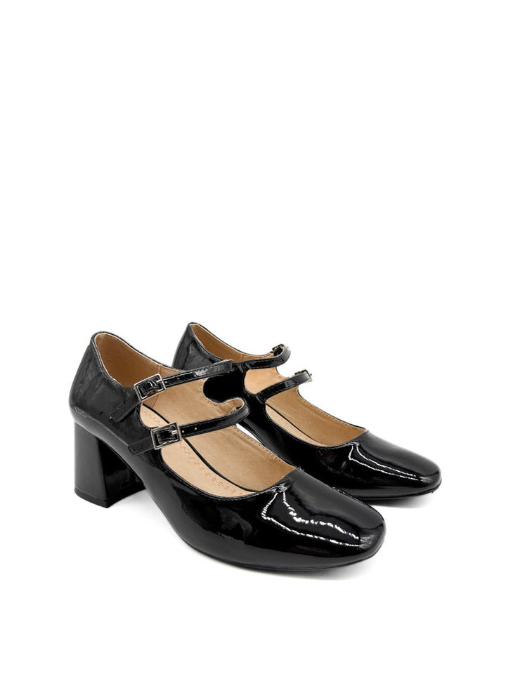 Zapatos Mary Jane de Charol Negro con Tacón Cuadrado Corina M5755