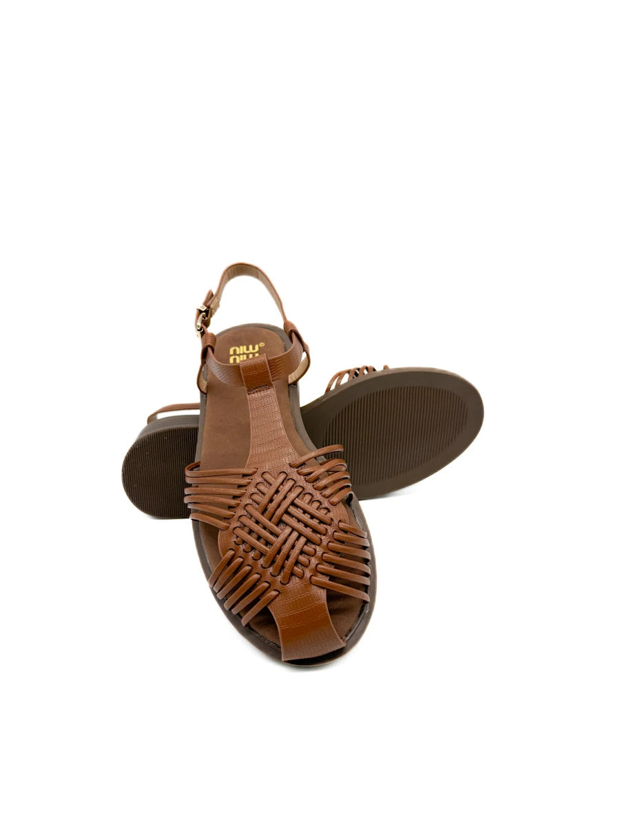 Sandalias Cangrejeras de Piel Marrón con Tiras Entrelazadas - Mujer