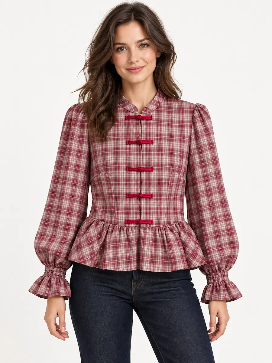 Blusa a Cuadros con Botones de Nudo Chino y Volantes