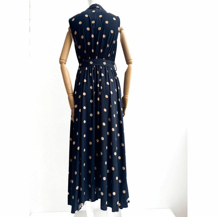 Vestido Largo Azul Marino con Lunares y Cinturón