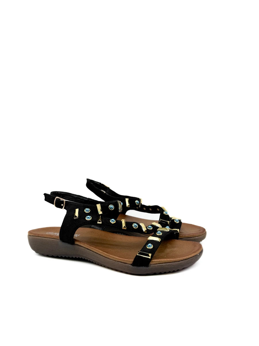 Sandalias Romanas Boho-Chic con Detalles de Pedrería Azul y Dorado