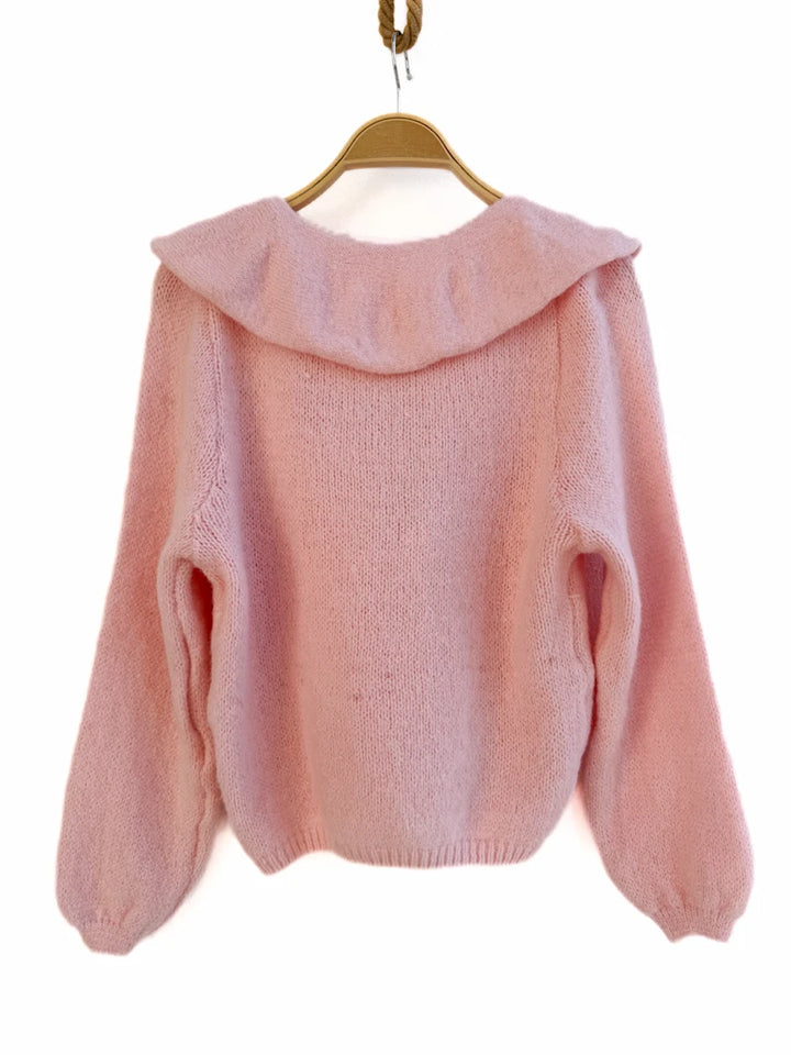 Jersey de Punto Suave con Cuello de Volantes y Lazo Frontal