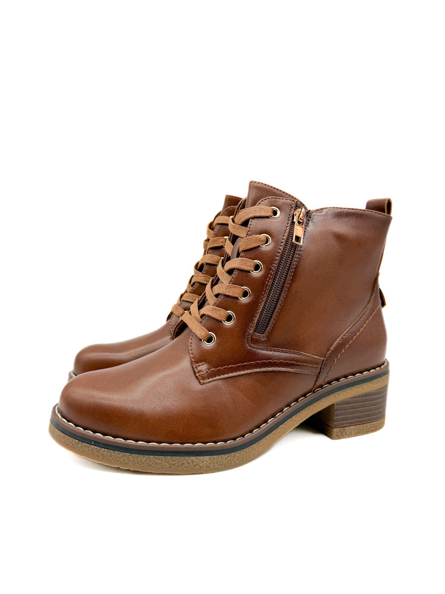 Botín Camel con Cordones, Tacón Grueso y Cremallera Lateral