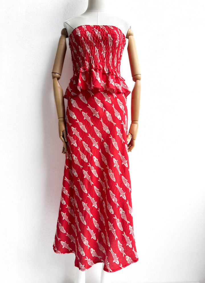 Conjunto Top y Falda Estampado de Peces – Disponible en Rojo y Beige
