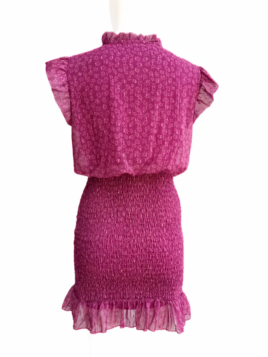 Vestido Corto Estampado con Nido de Abeja y Volantes