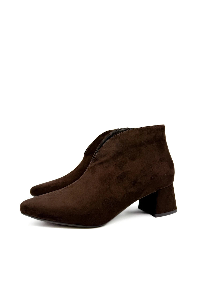 Botines de Ante Sintético con Escote en V, Tacón Ancho y Puntera Fina