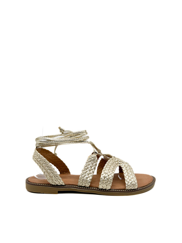 Sandalias Romanas Doradas con Diseño Trenzado y Cordones Ajustables