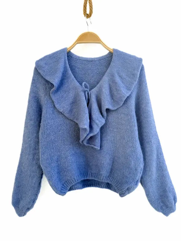 Jersey de Punto Suave con Cuello de Volantes y Lazo Frontal