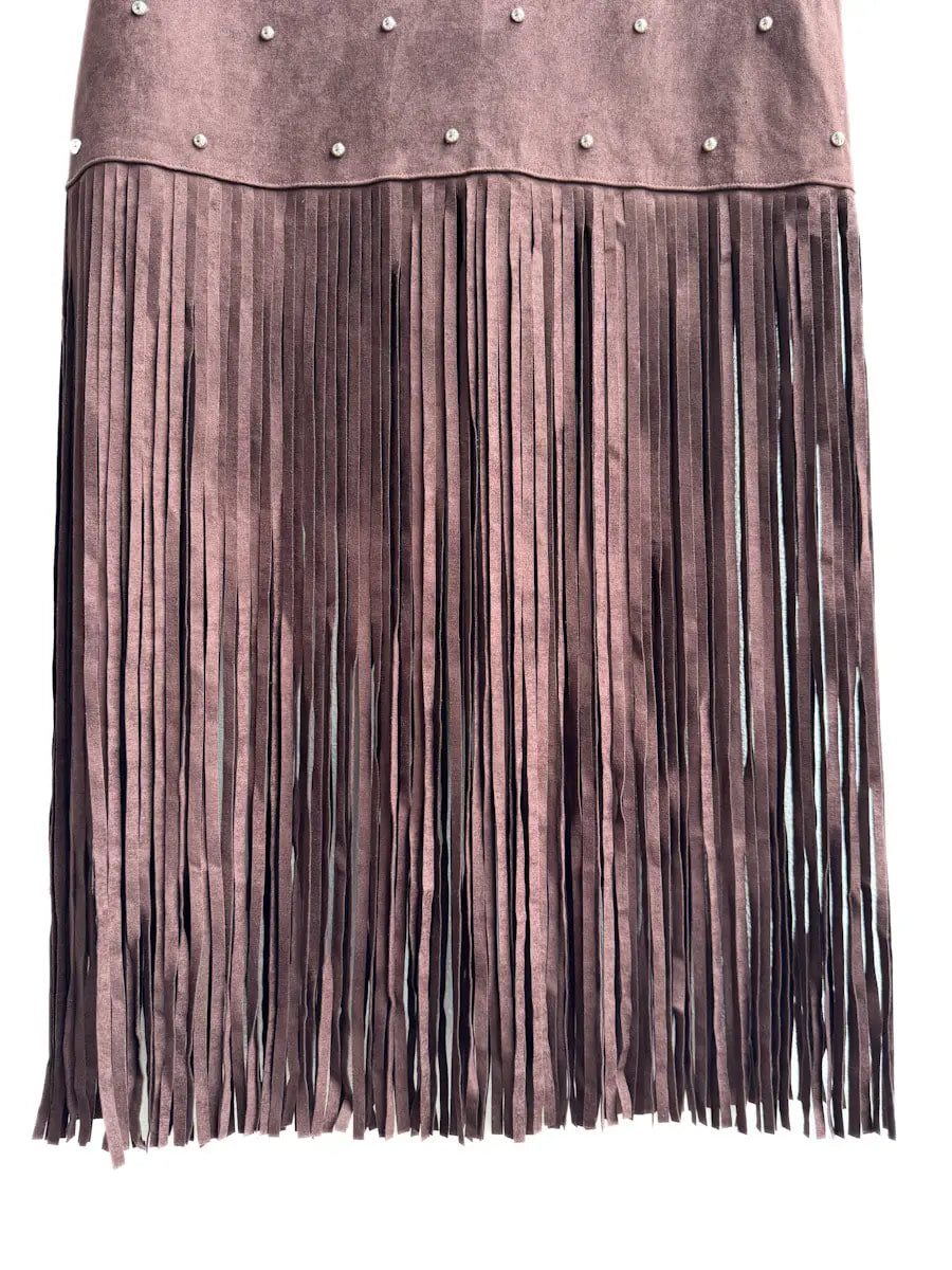 Falda de Antelina Marrón con Flecos y Remaches
