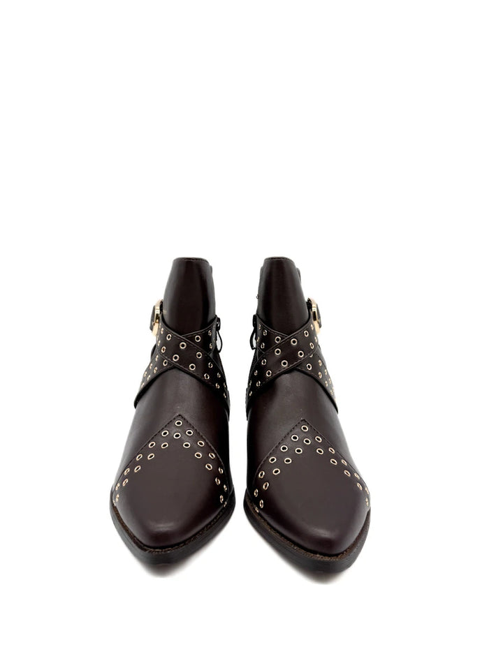 Botines Camperos de Mujer con Ojetes Metálicos y Hebilla - Tacón Ancho y Cremallera