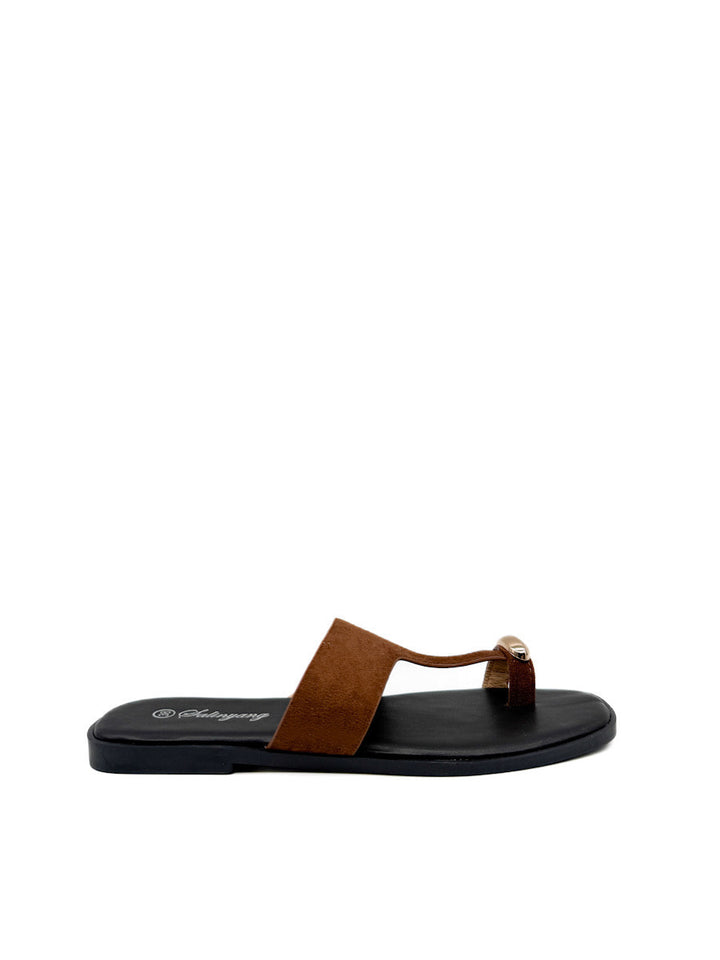 Sandalias Planas Antelina de Dedo con Detalle Dorado