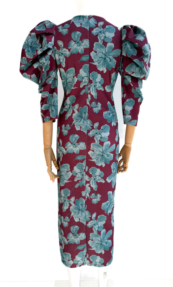 Vestido Elegante con Estampado Floral y Manga Abullonada