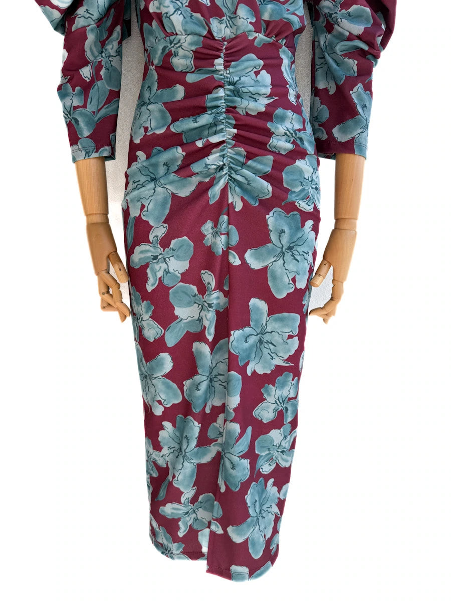 Vestido Elegante con Estampado Floral y Manga Abullonada