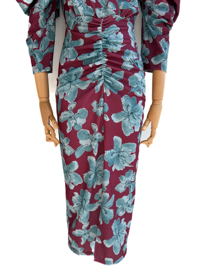Vestido Elegante con Estampado Floral y Manga Abullonada