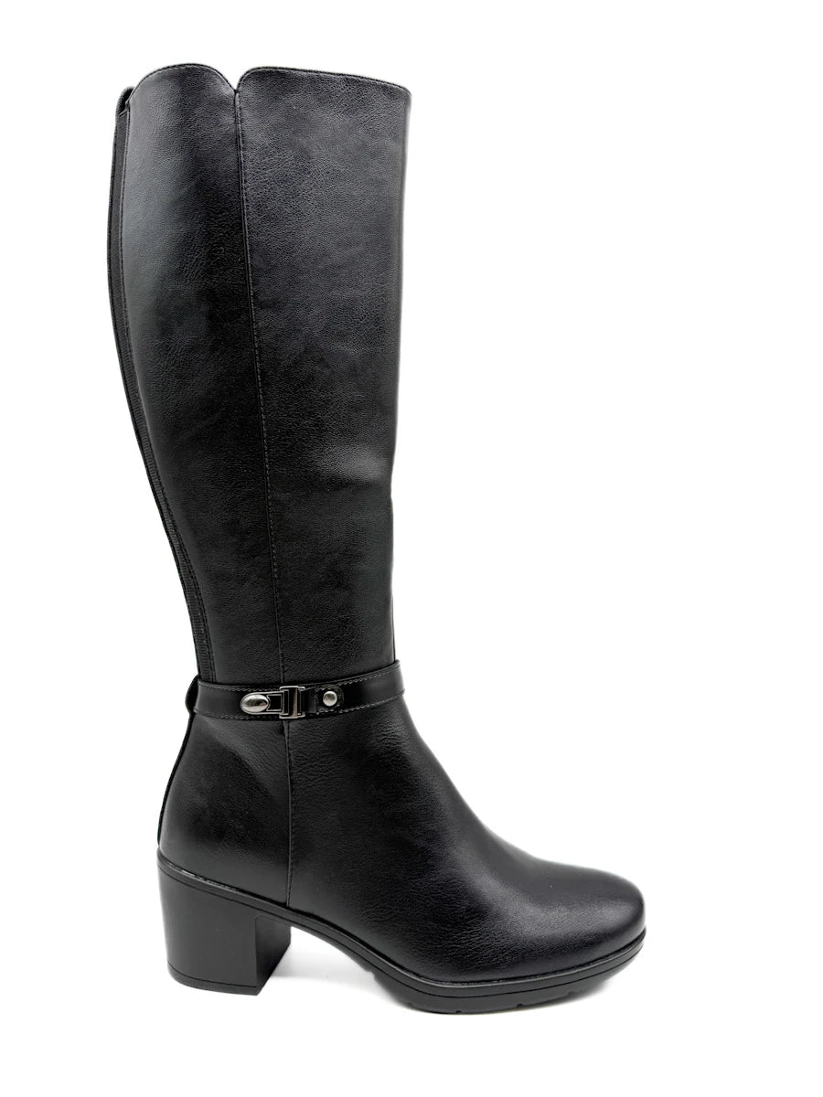 Botas Altas de Tacón Ancho con Caña Elástica y Hebilla