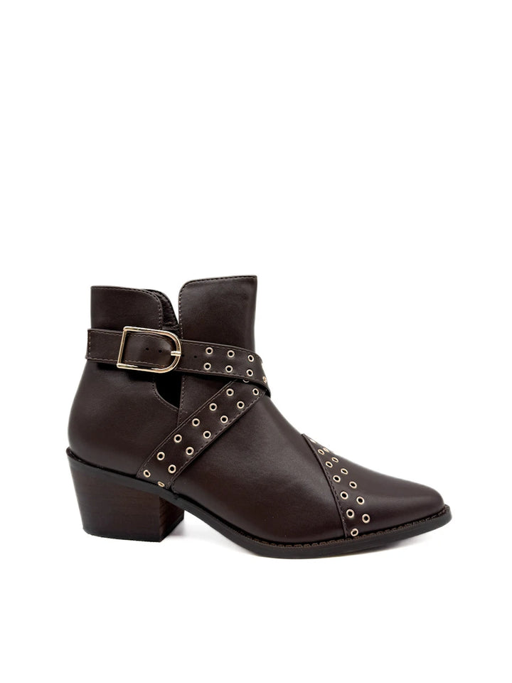 Botines Camperos de Mujer con Ojetes Metálicos y Hebilla - Tacón Ancho y Cremallera