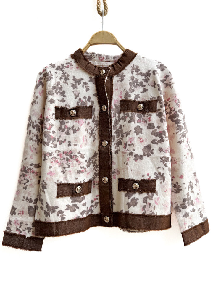 Chaqueta de Estilo Clásico con Estampado Floral , Detalles Botones Dorados. Marrón Única