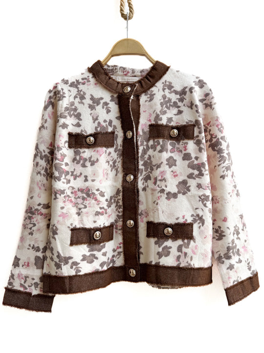 Chaqueta de Estilo Clásico con Estampado Floral , Detalles Botones Dorados. Marrón Única