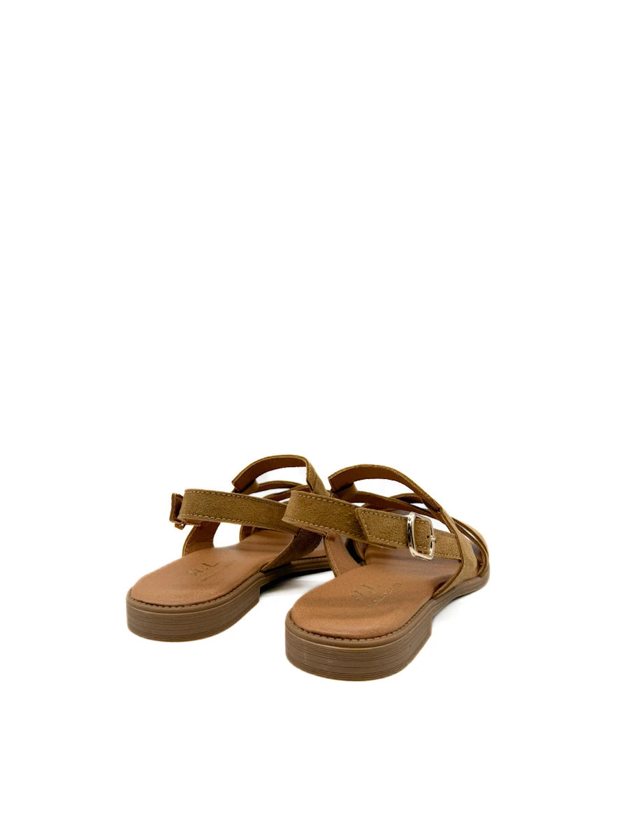 Sandalia Plana de Mujer con Tiras y Pulsera al Tobillo - Color Camel