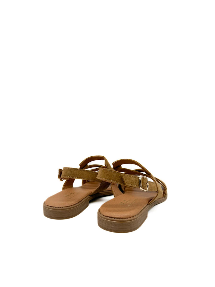 Sandalia Plana de Mujer con Tiras y Pulsera al Tobillo - Color Camel