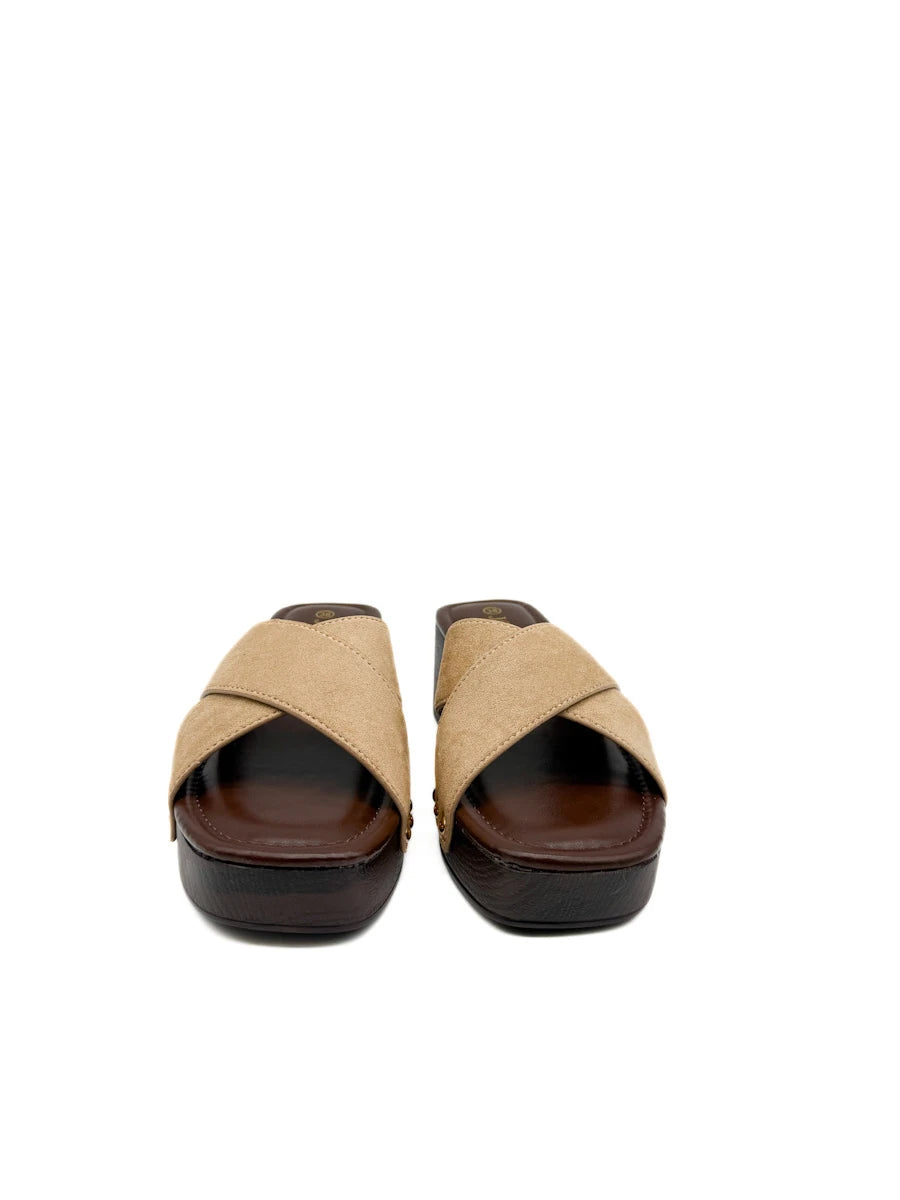 Sandalias Mule Zueco Tiras Cruzadas Antelina Efecto Madera