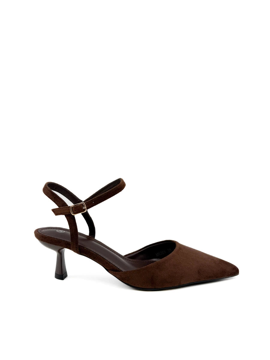 Zapatos destalonados de punta fina con tacón bajo y acabado en antelina