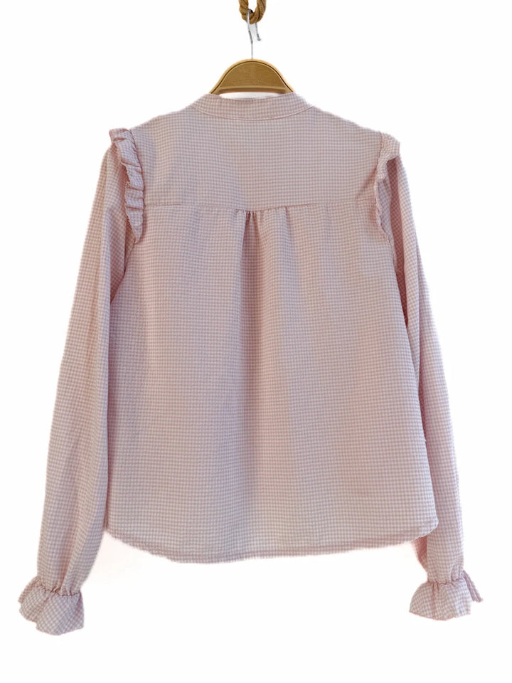 Blusa de Cuadros con Cuello Mao y Puños Elásticos Fruncidos