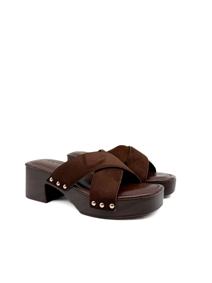 Sandalias Mule Zueco Tiras Cruzadas Antelina Efecto Madera