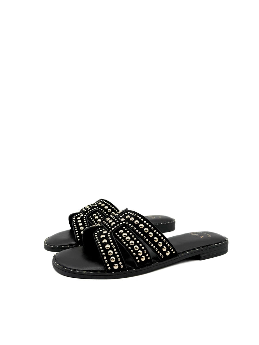 Sandalias Planas Tipo Pala con Tiras en H y Tachuelas Metálicas