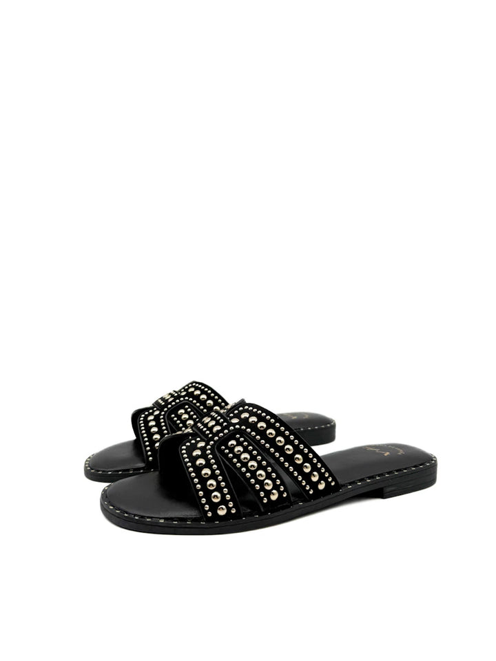 Sandalias Planas Tipo Pala con Tiras en H y Tachuelas Metálicas