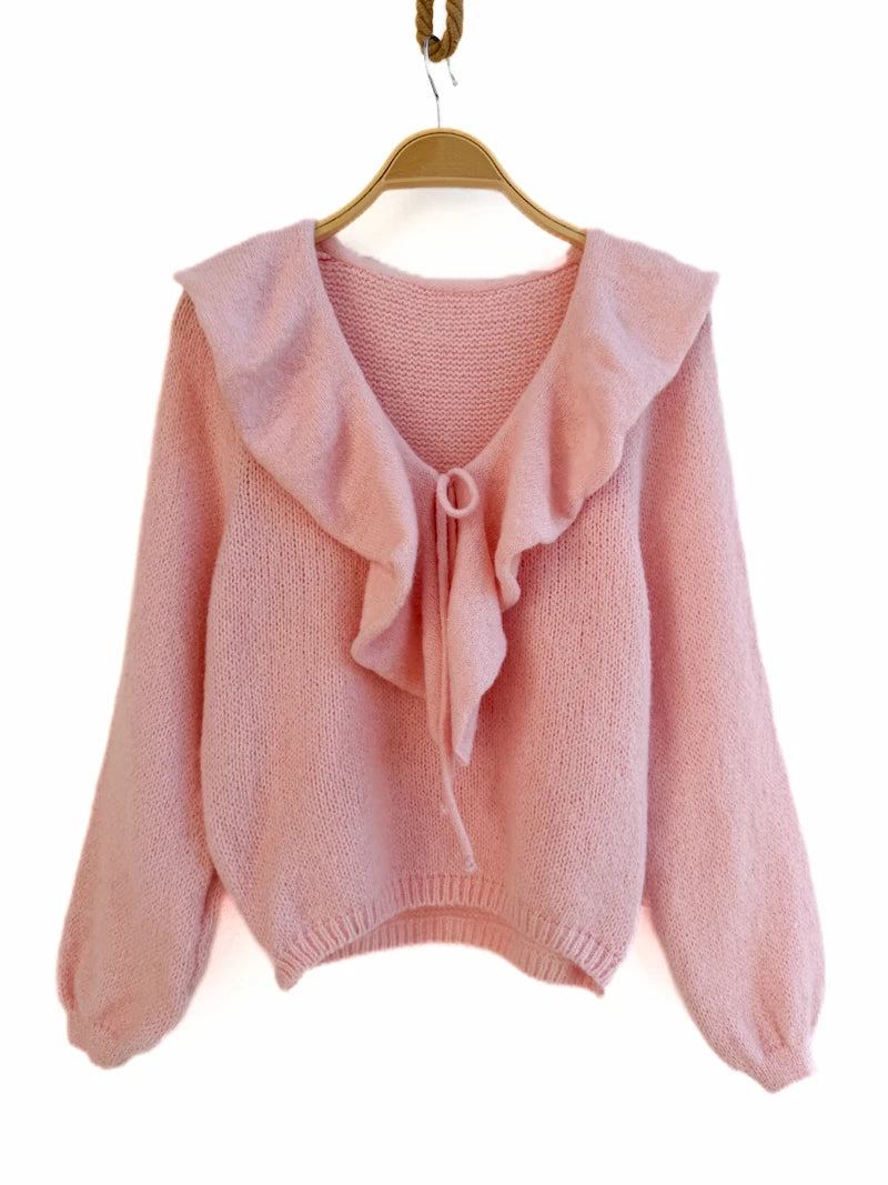 Jersey de Punto Suave con Cuello de Volantes y Lazo Frontal