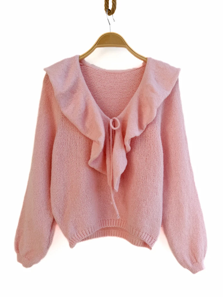 Jersey de Punto Suave con Cuello de Volantes y Lazo Frontal