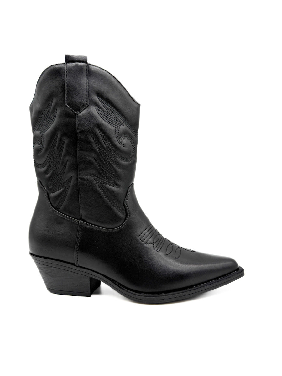 Botín Cowboy Negra con Diseño Clásico y Cremallera Lateral Negro