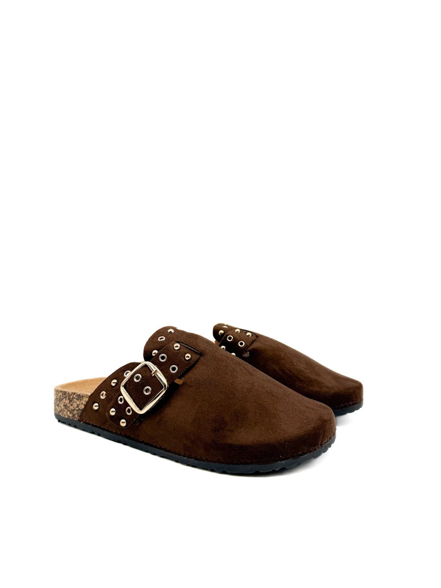 Zuecos de Antelina con Hebilla y Tachuelas | Mules con Planta de Corcho